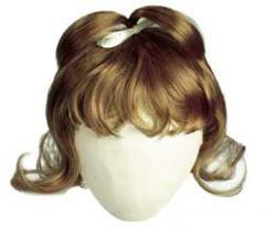A head of a woman with long hair and bangs.