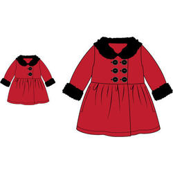 A red coat with black fur trim and buttons.