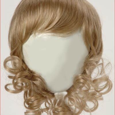 A wig with long blonde curls on top of it.