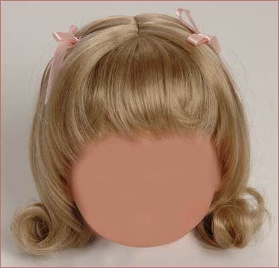 A blonde wig with pink bows on it's head.