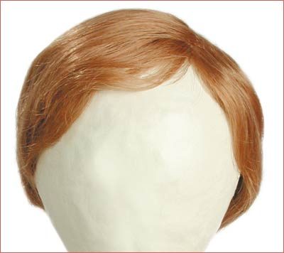 A wig is shown with the head of it.