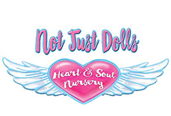 A pink heart with wings and the words " not just dolls "